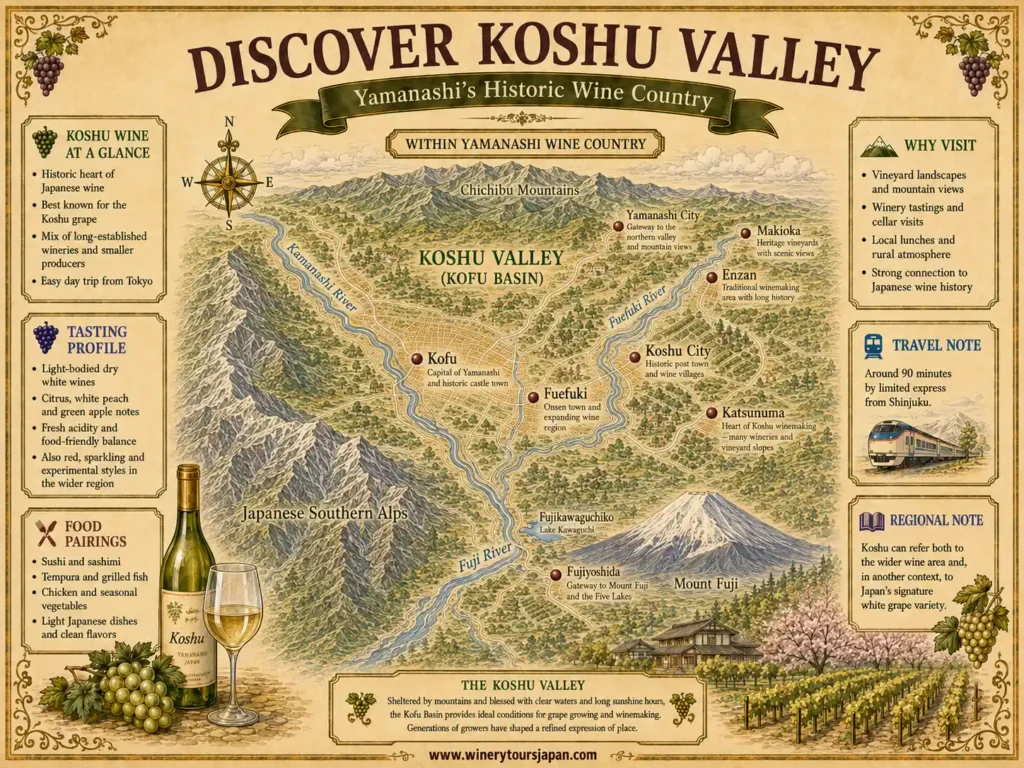 Illustrated map of the Yamanashi wine region showing Koshu Valley, Katsunuma, Enzan, Makioka, the Kofu Basin, the Kamanashi, Fuefuki and Fuji rivers, the Japanese Southern Alps and Mount Fuji