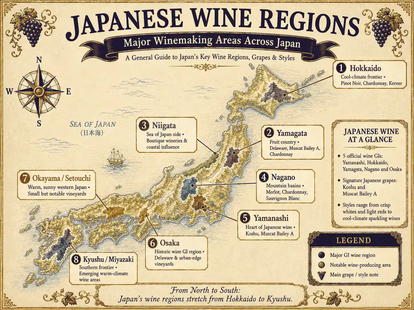 Illustrated map of Japan showing major Japanese wine regions and notable wine-producing areas