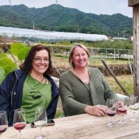 Two guests tasting Koshu wine at a winery in Enzan, Yamanashi