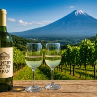 Glass of Koshu white wine with Mount Fuji in the background in Yamanashi