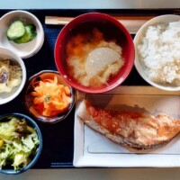 Miso salmon lunch with rice, soup and seasonal vegetables in Yamanashi
