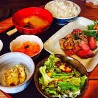 Roasted wine pork lunch with rice, soup, salad and pickles in Yamanashi