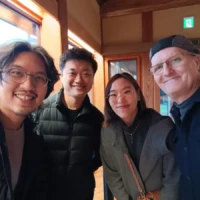 Morey, Jun Aruga and two guests during a wine tasting at Katsunuma Jyozo in Yamanashi