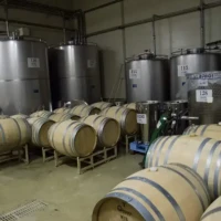 Oak barrels and stainless-steel tanks inside a winery in Yamanashi